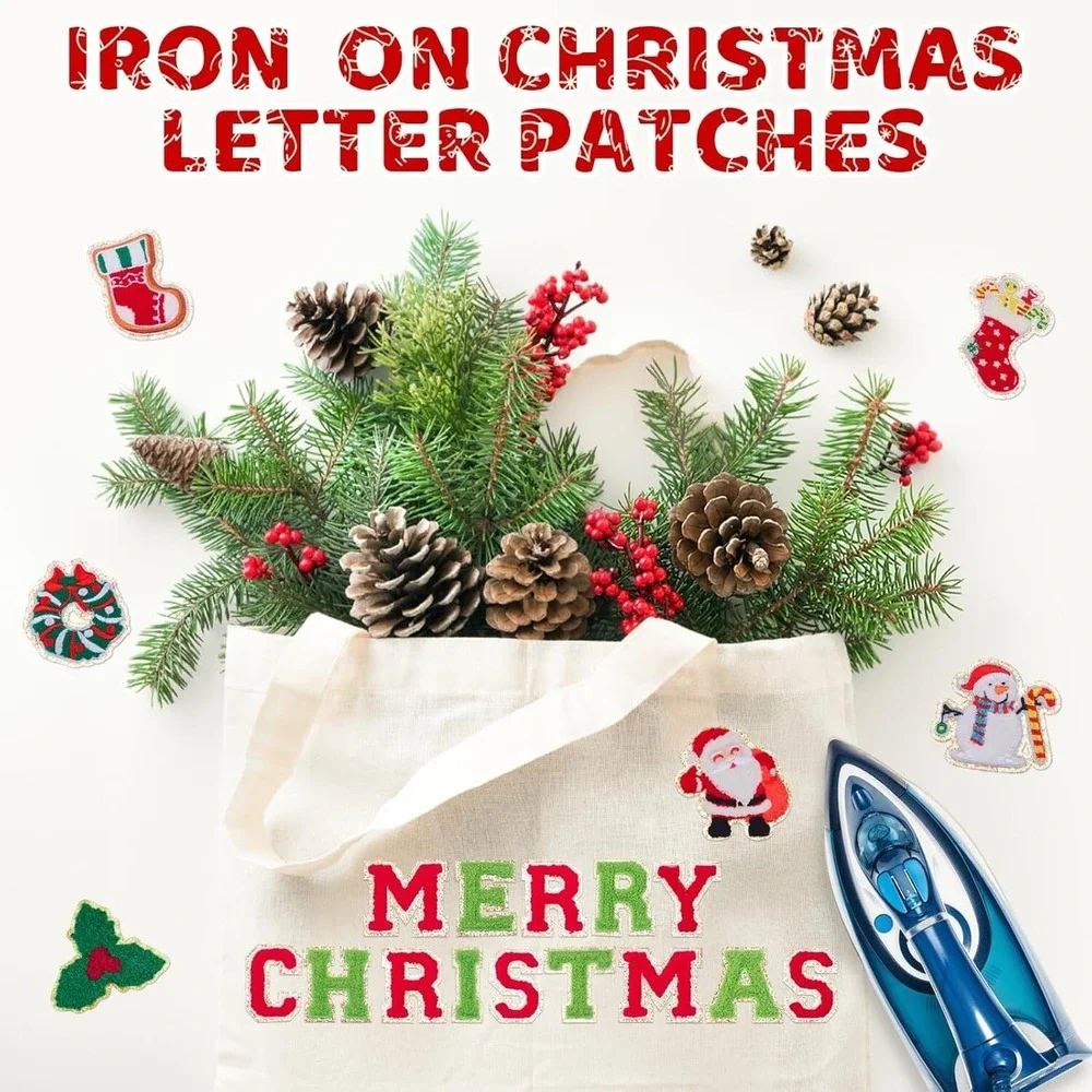 Urradia 66 Pc Christmas Chenille Patches A-Z Letters Santa Iron On Red Green